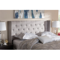 Baxton Studio BBT6628-Greyish Beige-King HB Ally Modern And Contemporary Greyish Beige Fabric Button-Tufted Nail head King Size Winged Headboard